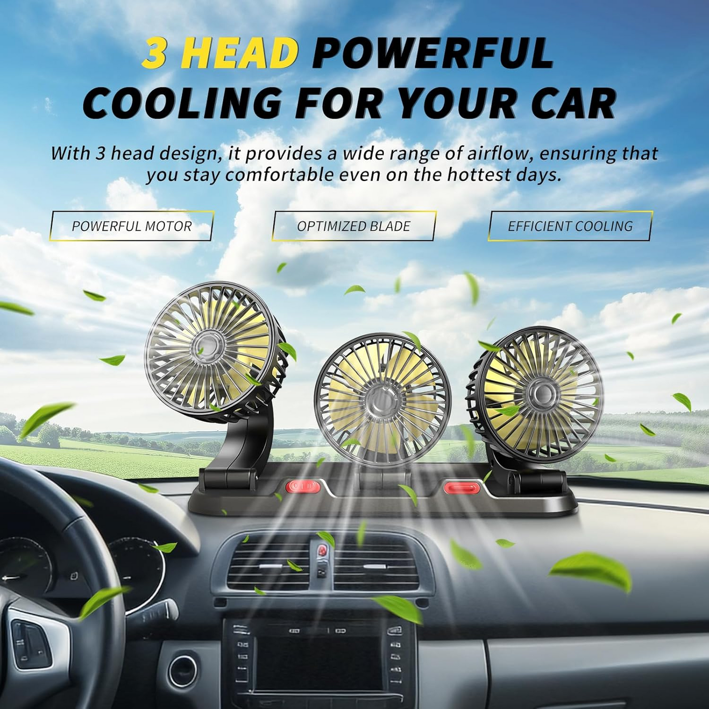 CarCooler Pro™ - Ventilator Auto cu 3 Capete Rotative si Placuta de Parcare