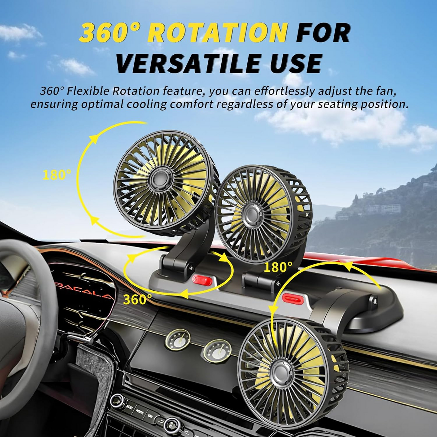 CarCooler Pro™ - Ventilator Auto cu 3 Capete Rotative si Placuta de Parcare