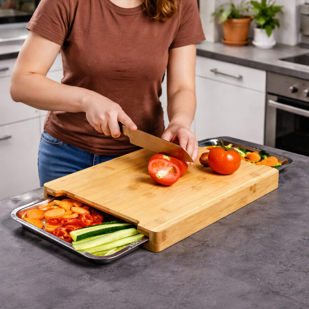 PrepBoard Duo™ – Tocator din bambus cu tavite laterale pentru colectare