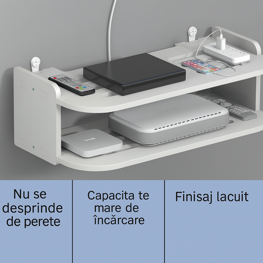 WallDock™ – Etajera de Perete pentru Router, TV Box, Smartphone si Accesorii