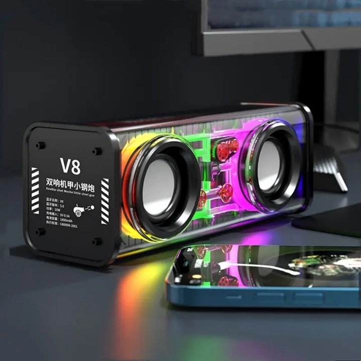 VibeBlaster™ V8 – Boxa Portabila Bluetooth cu Iluminare RGB si Design Transparent