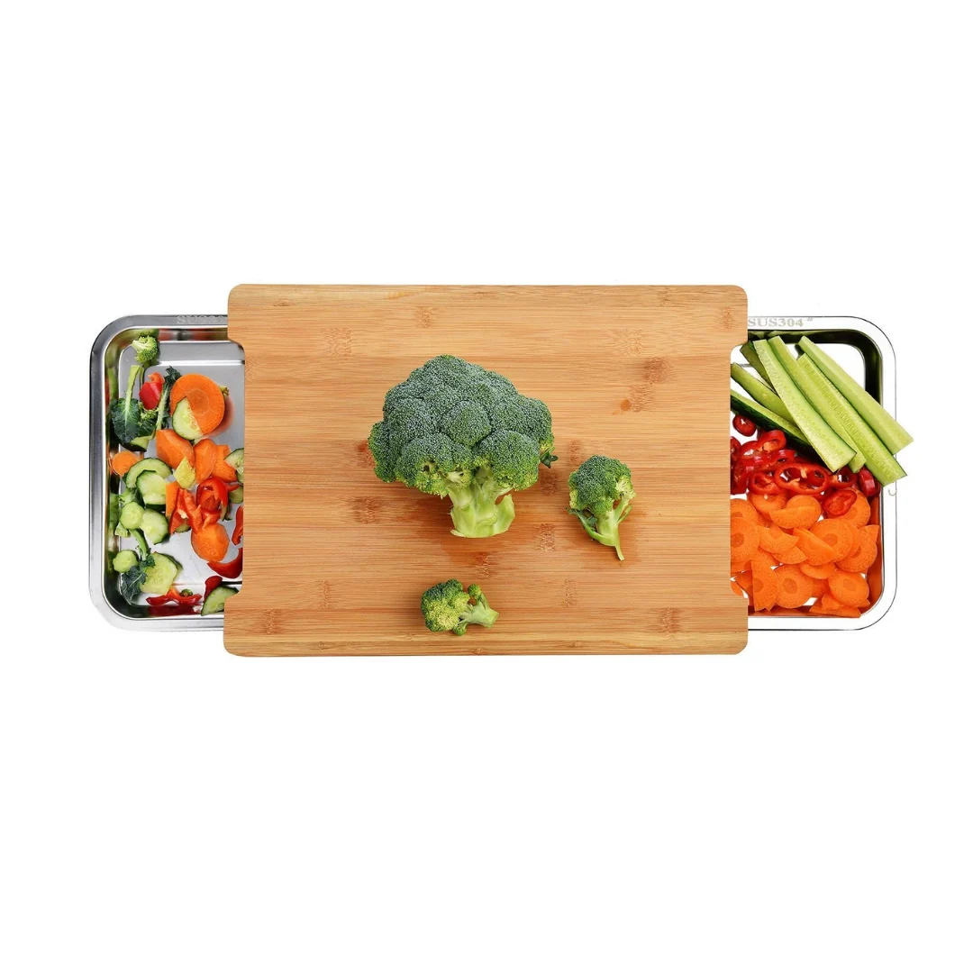 PrepBoard Duo — tocător din bambus și două tăvițe din inox