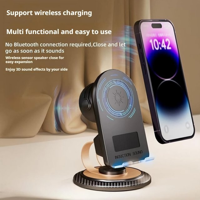 NOVIA™ - Suport Telefon Multifunctional Cu Bluetooth 5.3, Incarcare Wireless Si Difuzor Integrat