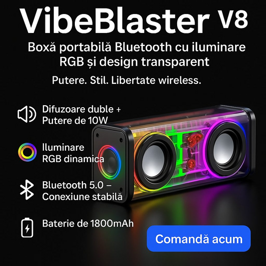 VibeBlaster™ V8 – Boxa Portabila Bluetooth cu Iluminare RGB si Design Transparent