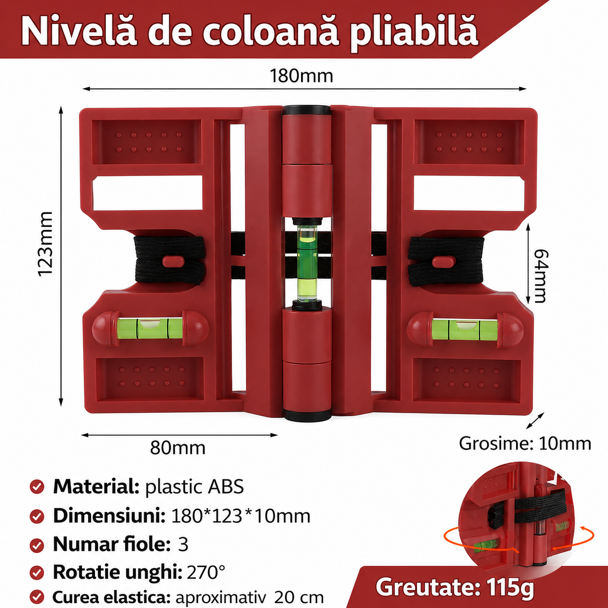 Levelix™ - Nivela Pliabila Multifunctionala cu 3 Bule de Precizie