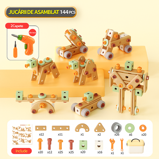 Buildaroo™ – Set Constructie Inteligenta cu 144 Piese si Surubelnita Electrica