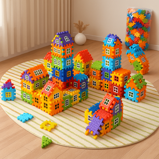 BlocksyTown™ – Set de Constructie Magnetica 320 Piese cu Ferestre si Usi