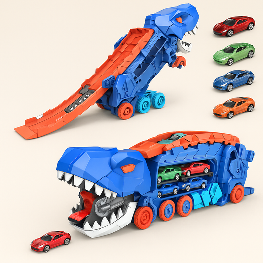DinoRacer™ – Camion Dinozaur Transformabil cu Rampa de Lansare si 4 Masinute Incluse