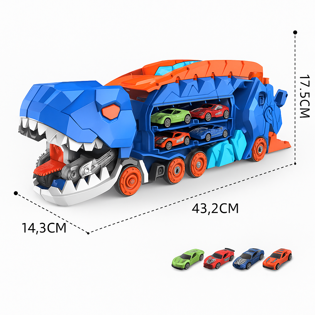 DinoRacer™ – Camion Dinozaur Transformabil cu Rampa de Lansare si 4 Masinute Incluse