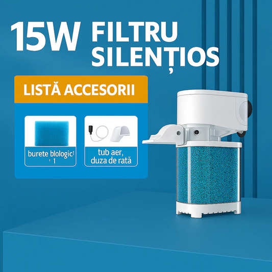 AquaSilence™ - Filtru Silentios pentru Acvariu cu Pompare si Oxigenare 15W
