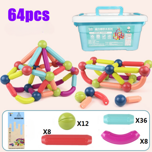 MagStix™ – Set de Blocuri Magnetice de Constructie pentru Copii (64 piese)