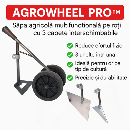 AgroWheel Pro™ – Sapa agricola multifunctionala pe roti cu 3 capete interschimbabile