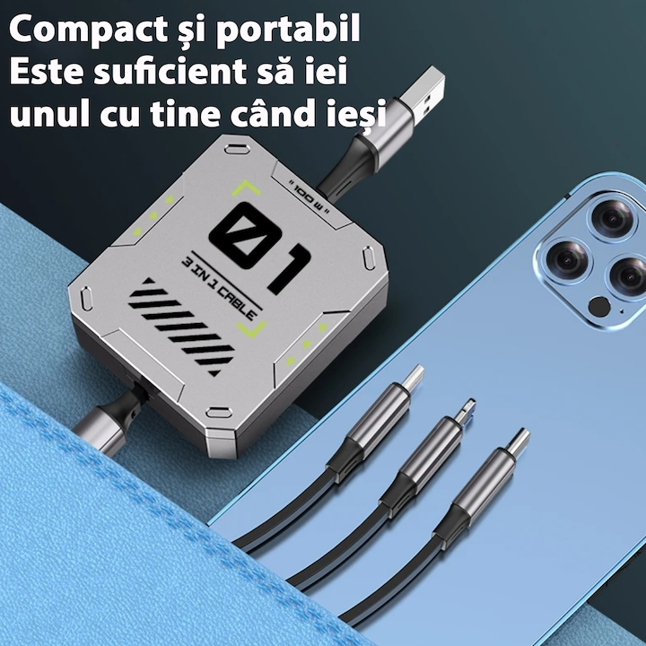 ChargeFlex™ - Cablu Retractabil 3-în-1 [30-120cm], Incarcare Rapida 100W/5A