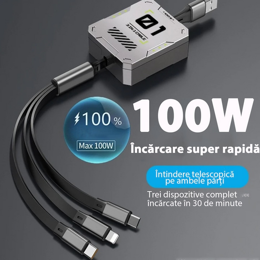 ChargeFlex™ - Cablu Retractabil 3-în-1 [30-120cm], Incarcare Rapida 100W/5A